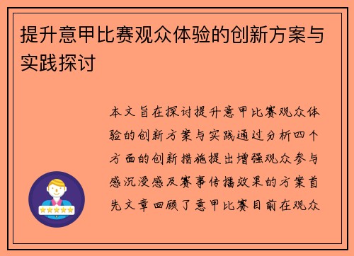 提升意甲比赛观众体验的创新方案与实践探讨