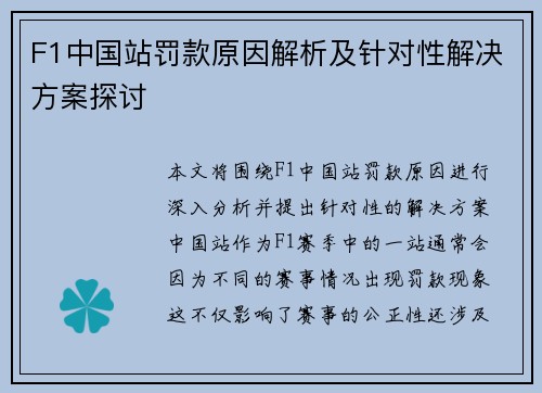 F1中国站罚款原因解析及针对性解决方案探讨 F1中国站罚款原因解析及针对性解决方案探讨